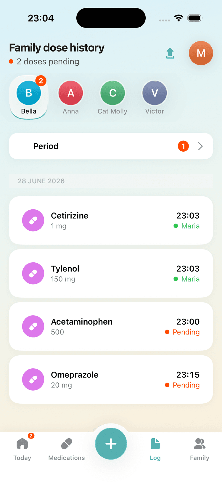 DoseSync app screen: Full history. One tap to share.