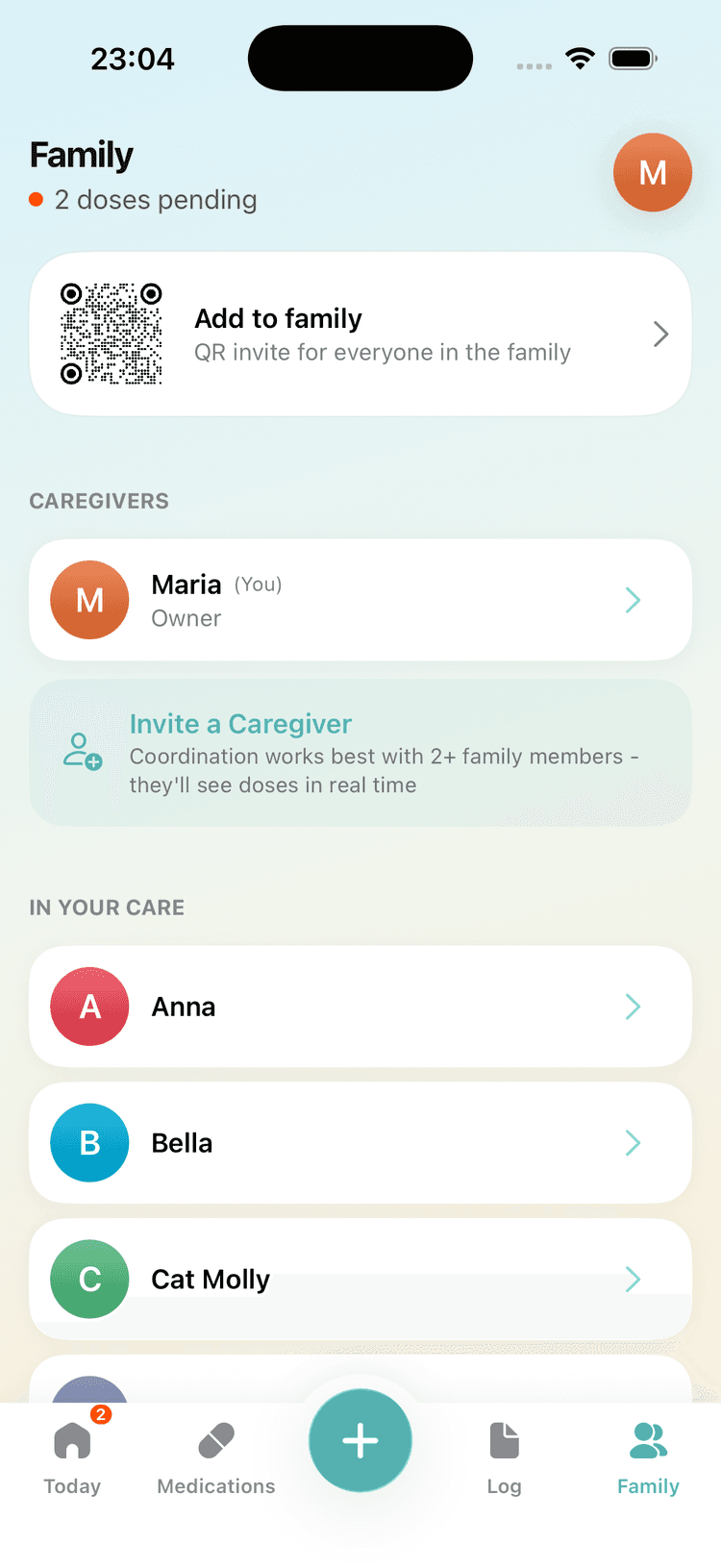 DoseSync app screen: Invite your family.
